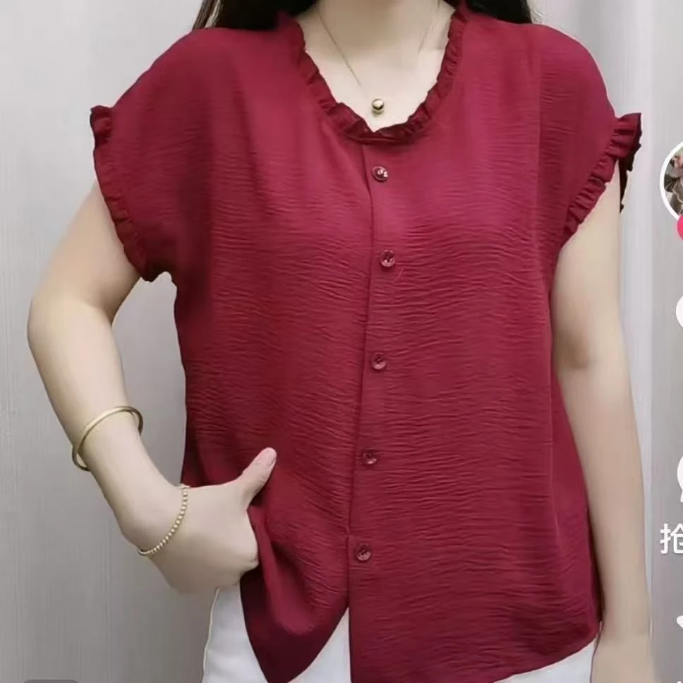 【新款福利】夏季洋气时尚木耳领半袖上衣休闲气质优雅T恤百搭