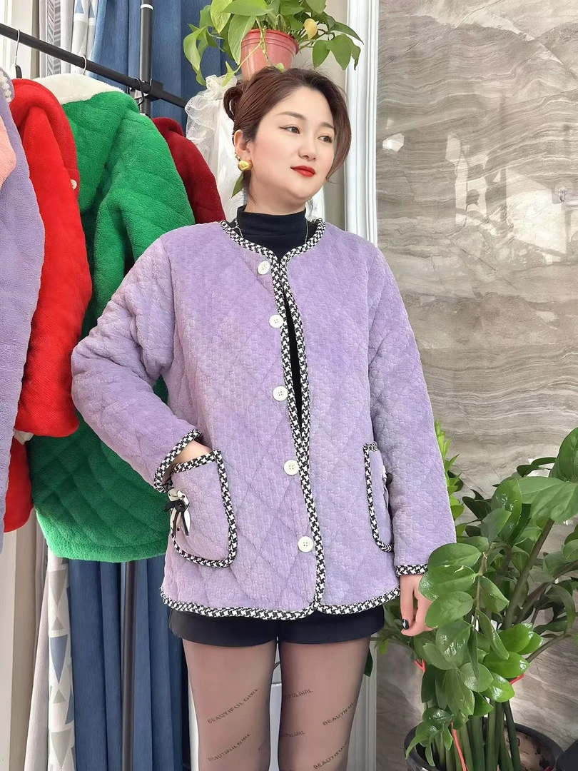 新款高端冬季压花小棉袄加绒外套妈妈女款时尚居家百搭保暖棉衣