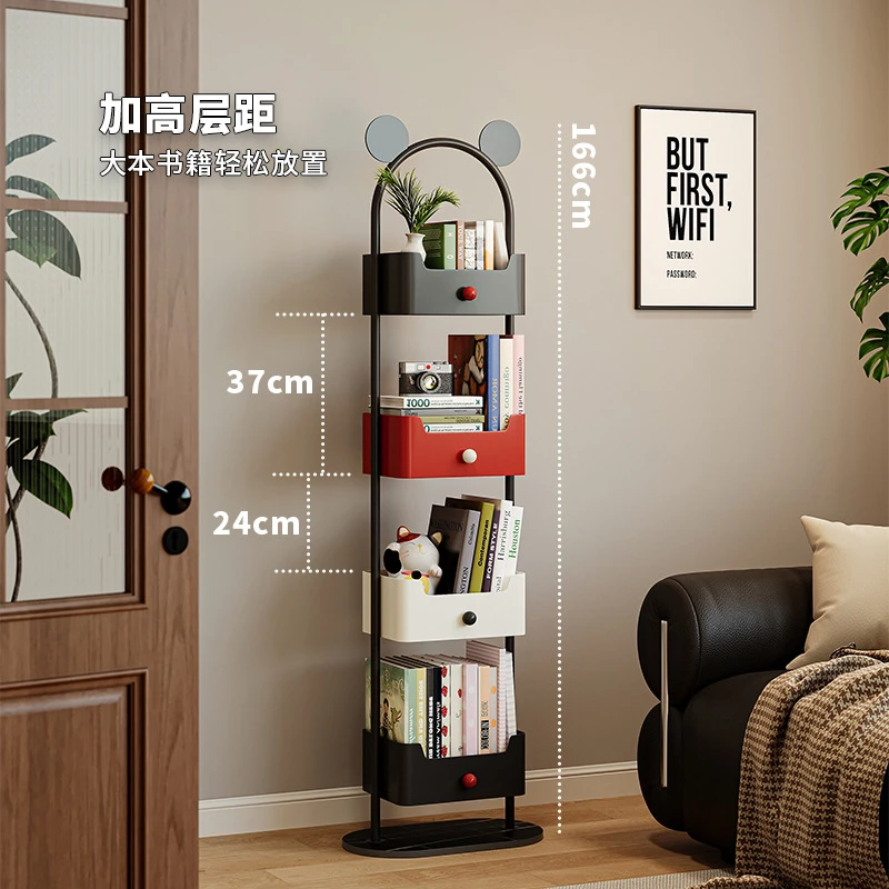 家用儿童书架落地置物架客厅转角铁艺储物柜子一体靠墙收纳小窄柜