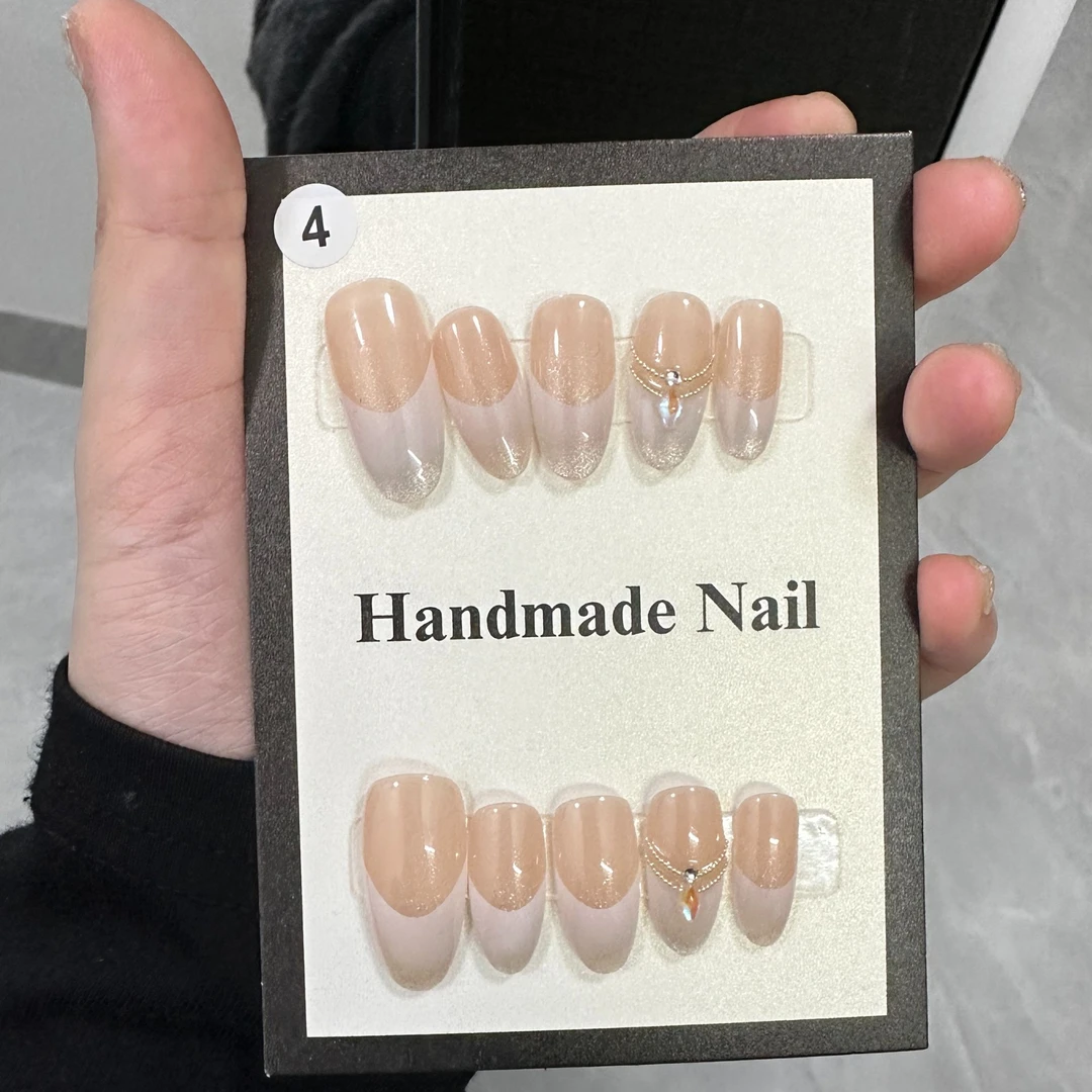 【白桃乌龙】小清新晶石猫眼法式闪耀轻奢纯手工穿戴甲