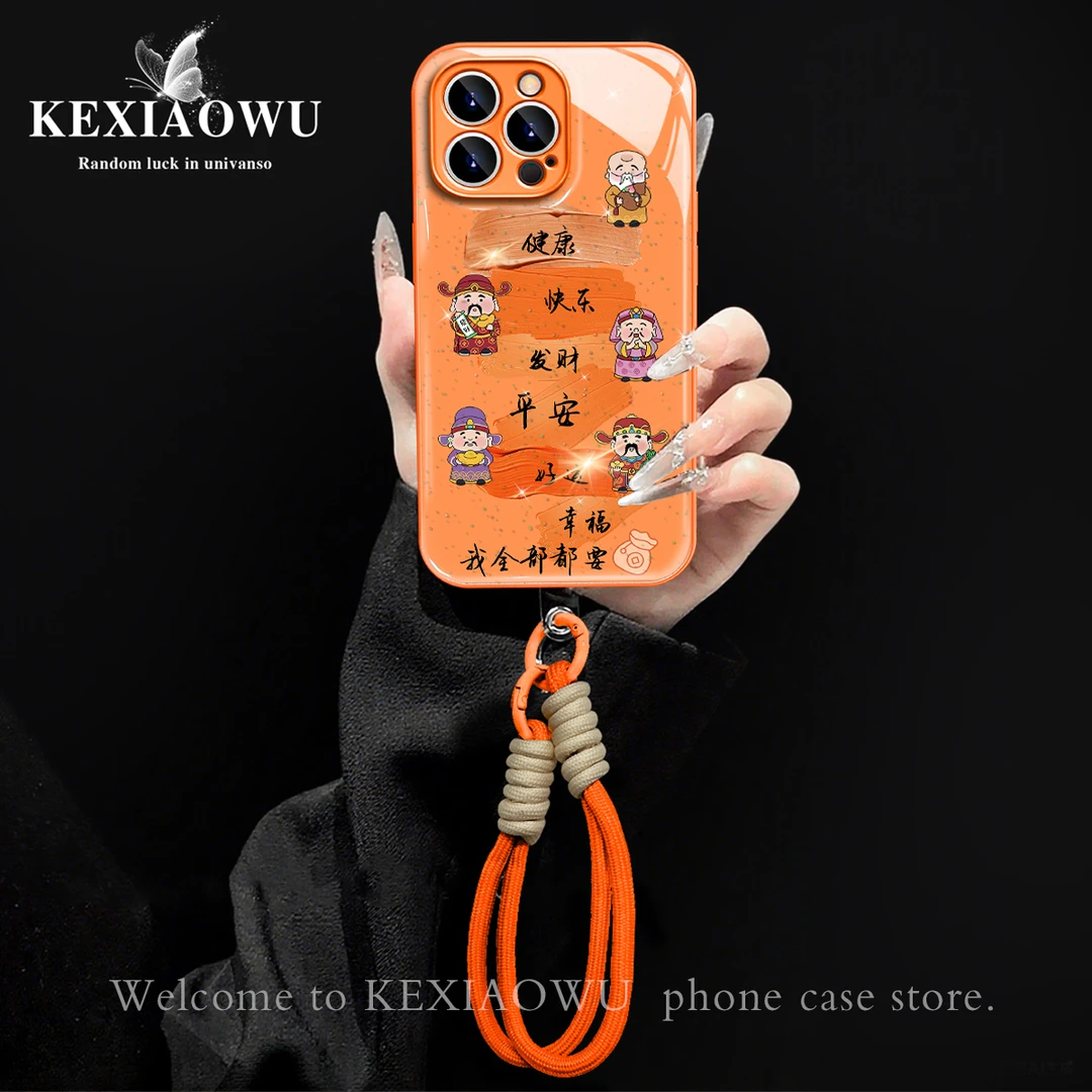金属漆水凝壳卡通财神适用苹果17华为vivo小米oppo手绳手机壳