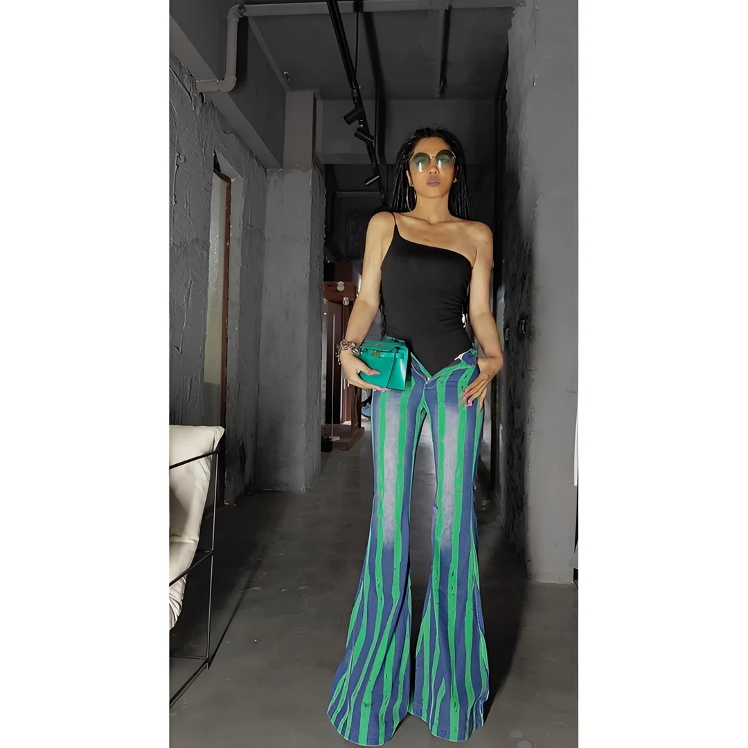 【蓝绿条纹喇叭裤】AOAOMISSSHOP鳌鳌家夏季牛仔弹力长裤37/1 60-2