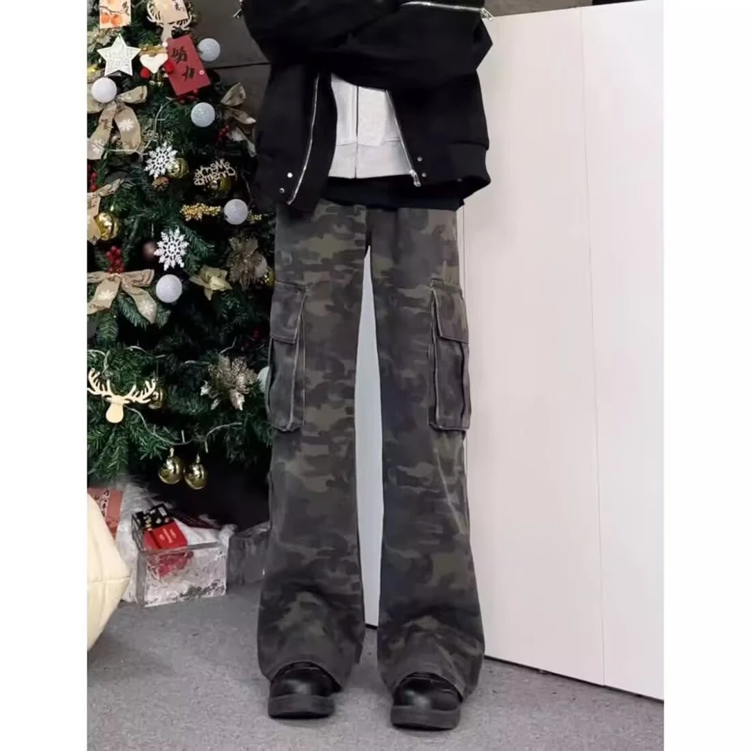 新款迷彩工装牛仔裤男女潮牌高街直筒微喇痞帅百搭休闲口袋长裤