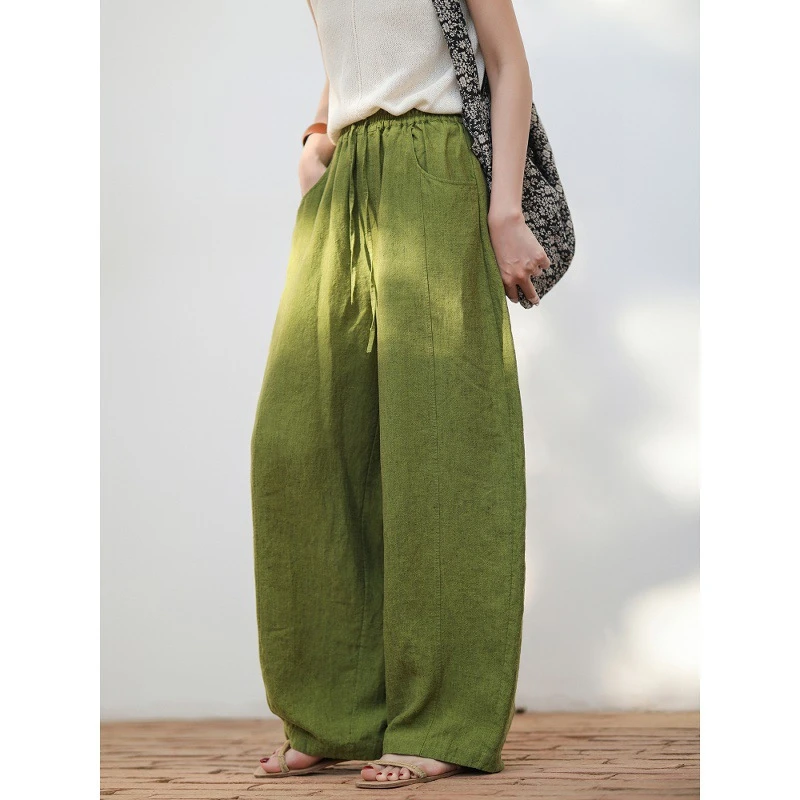 21支汉亚麻双色色织盐缩砂洗高密文艺休闲显瘦清凉长裤拖地裤