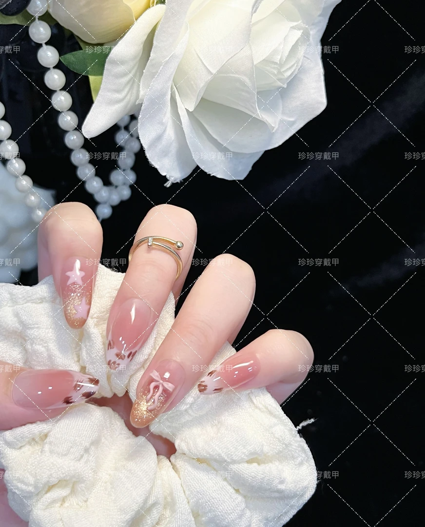 【皮粉豹】珍珍手工穿戴甲温柔纯欲粉法式豹纹蝴蝶结猫眼美甲贴片
