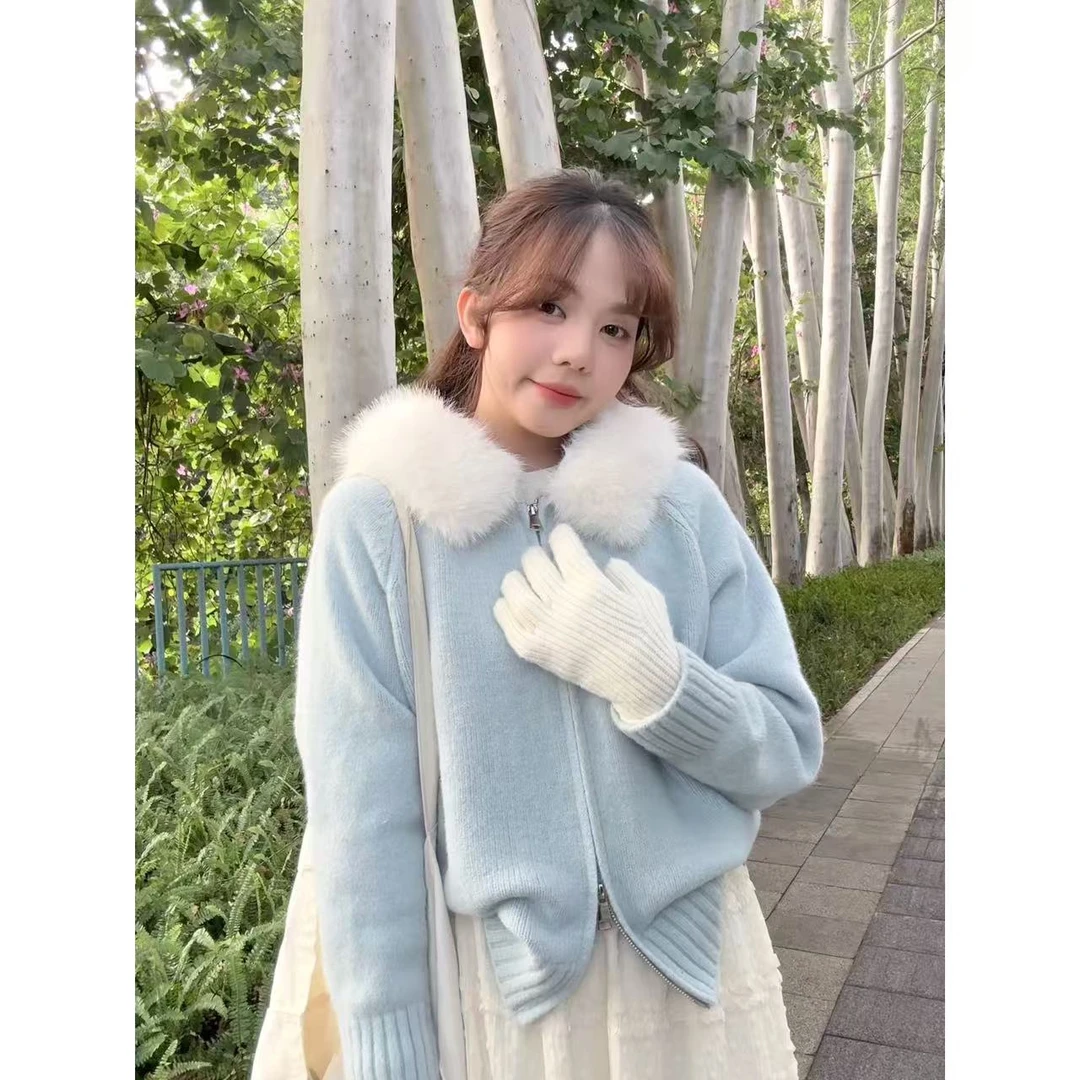 佳儿吖～氛围感毛毛领连帽双拉链保暖毛衣5059