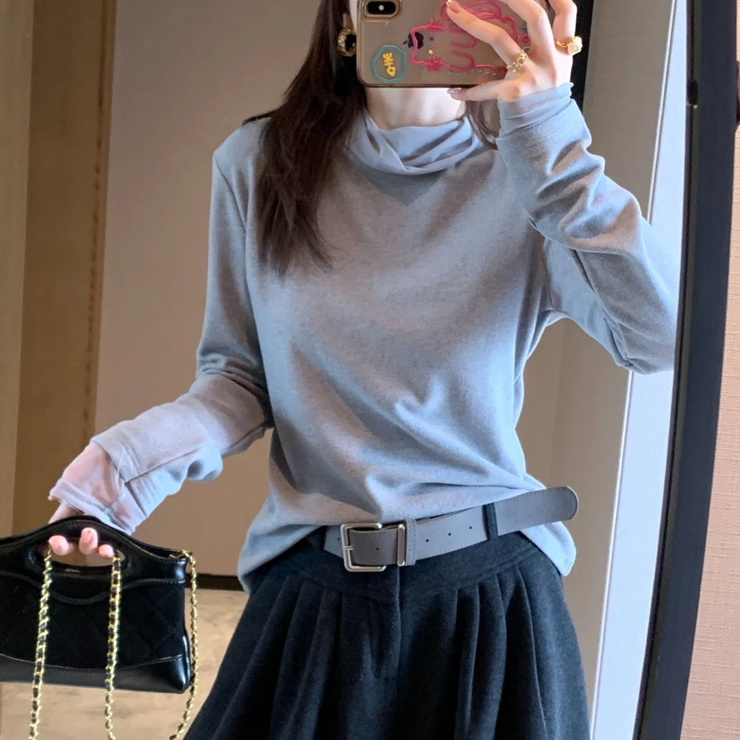 2025新款韩系纯色秋冬高领打底衫拼接显瘦简约百搭长袖内搭上衣
