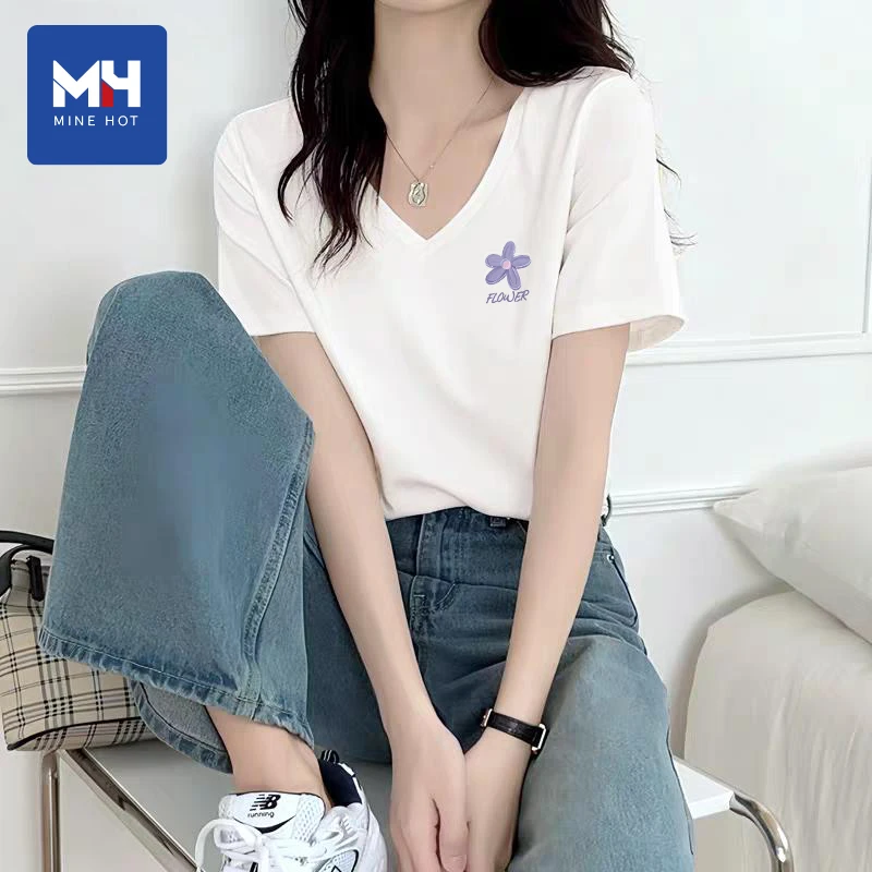 唐狮集团MH白色v领短袖t恤女2025新款夏季正肩大码女装半袖上衣H