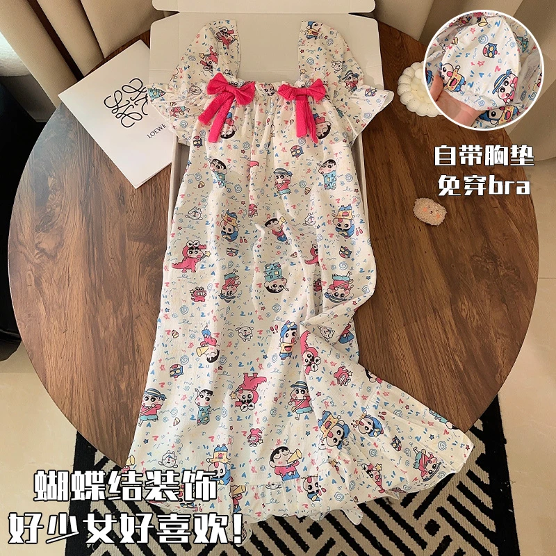 夏季睡裙女2025新款梭织棉可爱风满印小新带胸垫夏天少女家居服薄