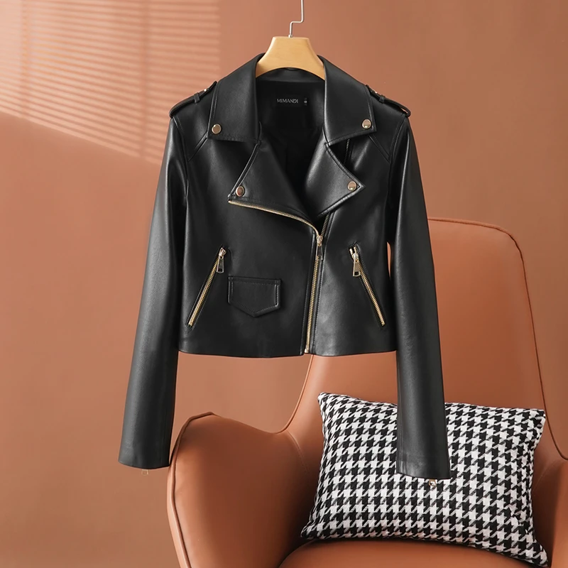 【Anny】海宁真皮皮衣女短款2025年春季新款绵羊皮机车皮夹克外套