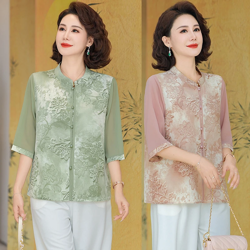 时尚妈妈夏装印花立领雪纺衬衫2025新款中老年女装气质减龄上衣