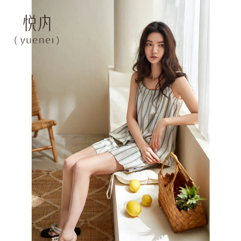 悦内【带胸垫】夏季吊带背心短裤女士纯棉家居服条纹休闲可外穿睡衣