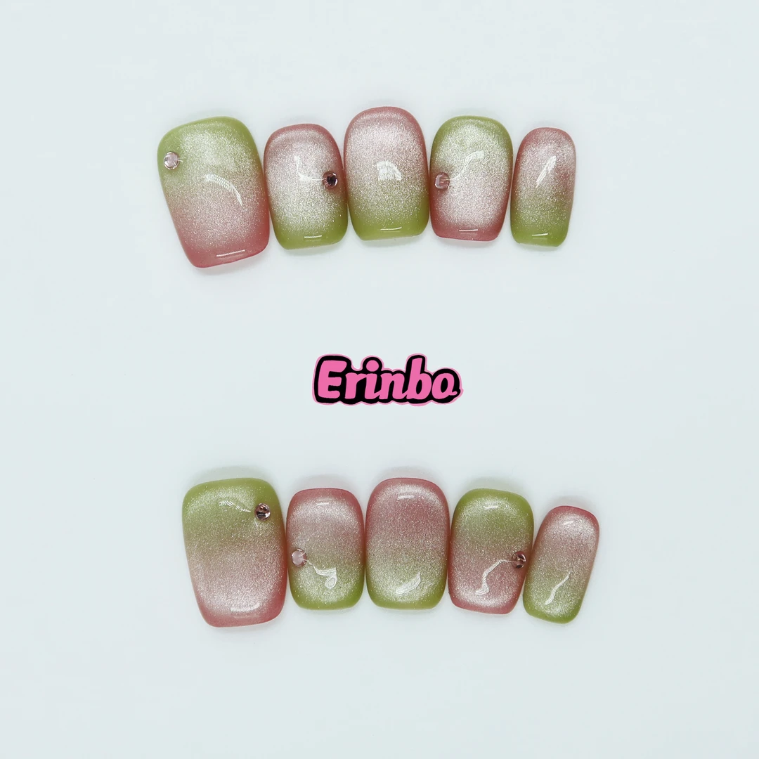 【夹心软糖】设计师手绘原创渐变猫眼春夏短款粉色绿色纯手工穿戴甲