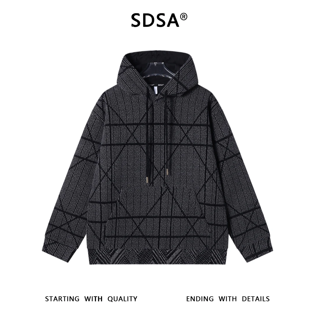 SDSA男士秋冬新款痞帅男装潮牌撞色格纹抽绳连帽卫衣百搭宽松上衣