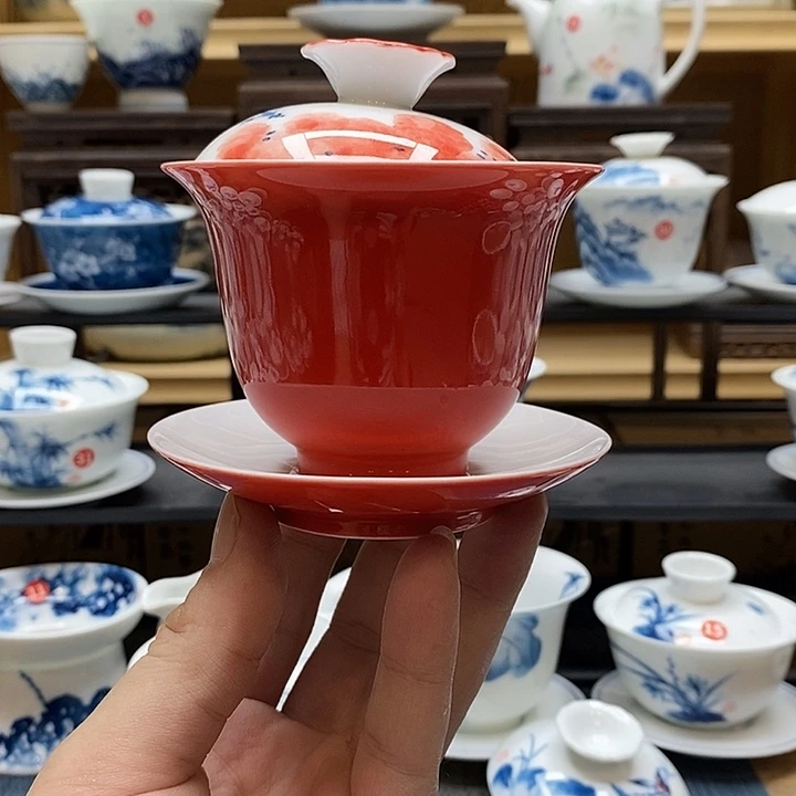 手绘微瑕荷花盖碗