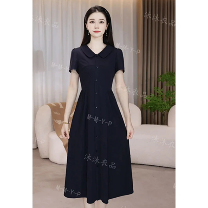 高端遮肉显瘦气质时尚2025夏季藏蓝色收腰拼接中长款短袖连衣裙女