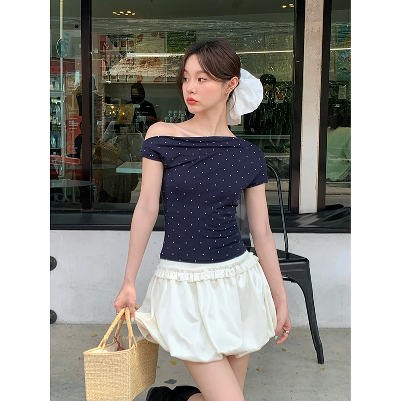 NEW OPEN短袖t恤女夏季2025新款小众设计感修身斜领露肩上衣S5187