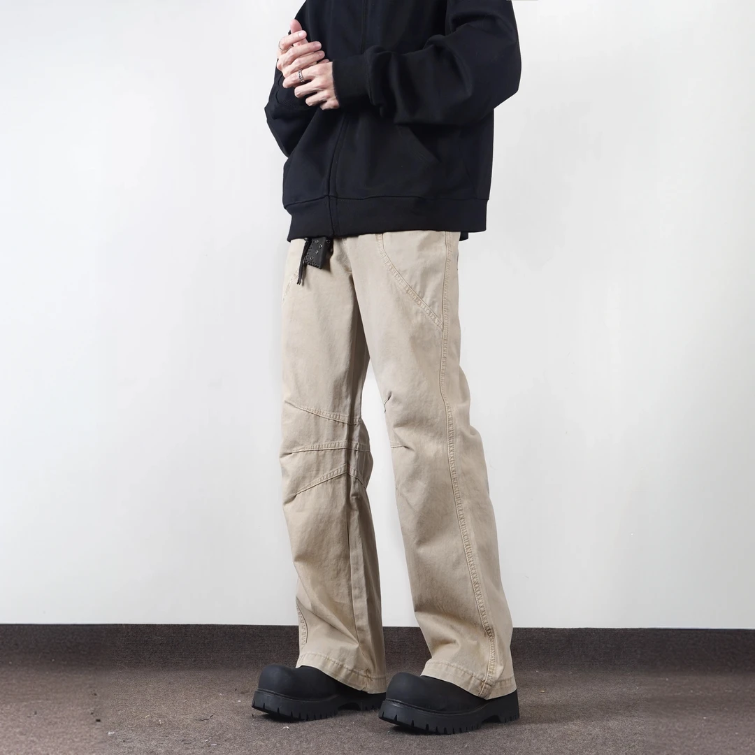 美式高街复古水洗做旧休闲工装长裤男士春秋阔腿宽松直筒百搭裤子