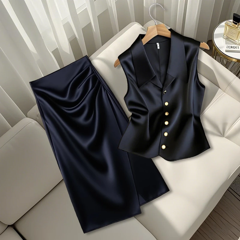 洋气法式套装夏季新款polo领开衫马甲背心百搭半身裙小衫两件套