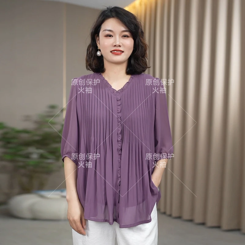 火袖G071阔太太气质装上衣女春游新款宽松显瘦纯色压褶妈妈款小衫