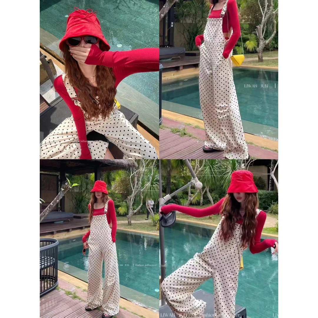 婉君【波点背带裤】秋款碎花显瘦休闲百搭减龄裤子LWJ24A1K454