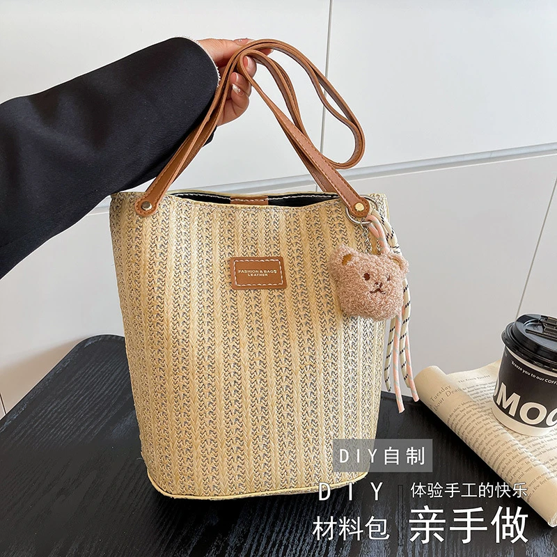 夏季草编水桶包diy手工编织包包自制材料手缝斜挎包单肩包送朋友