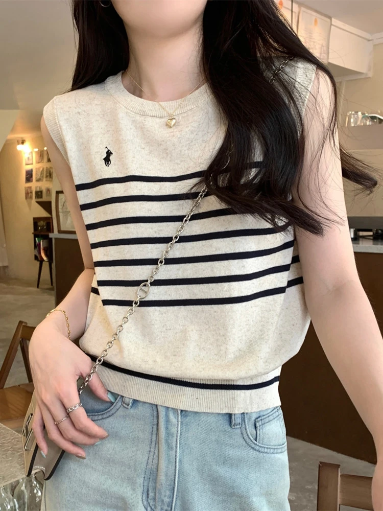 别致复古夏季撞色条纹刺绣设计感冰丝针织无袖坎肩背心t恤女上衣