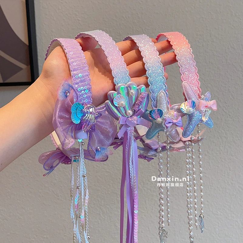 儿童蝴蝶结飘带编发头箍女童整理碎发头饰女公主新款闪片吊坠发箍