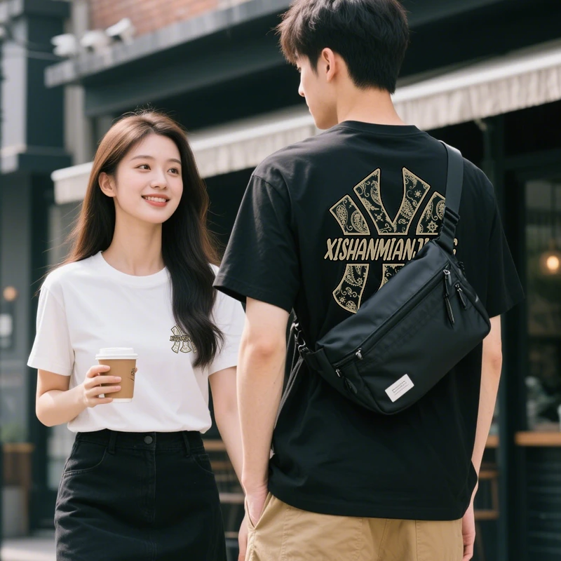 透气中性圆领宽松型休闲百搭情侣夏季运动T恤单肩男士时尚潮流