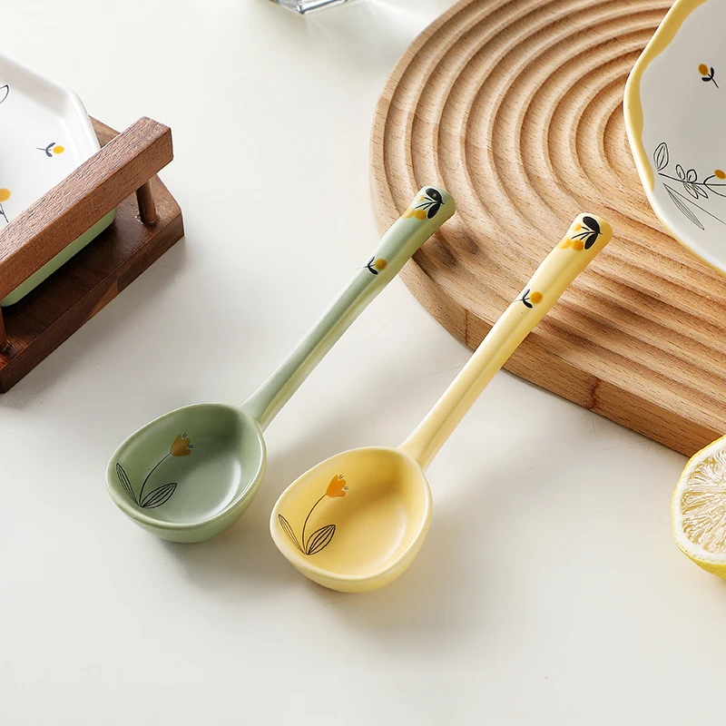 鸟语花香家用可高温长柄喝汤勺混装陶瓷创意可爱