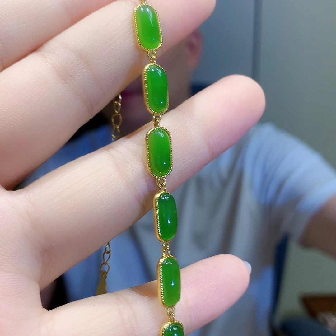 手链银S925镀金镶嵌和田玉（碧玉）