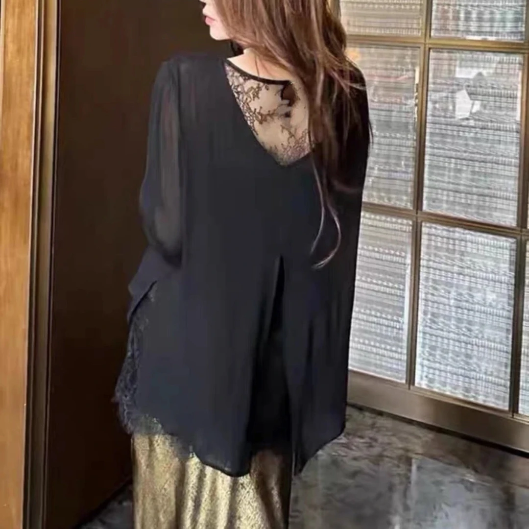 2025春夏法式蕾丝拼接假两件防晒衬衫女气质宽松显瘦长袖罩衫上衣