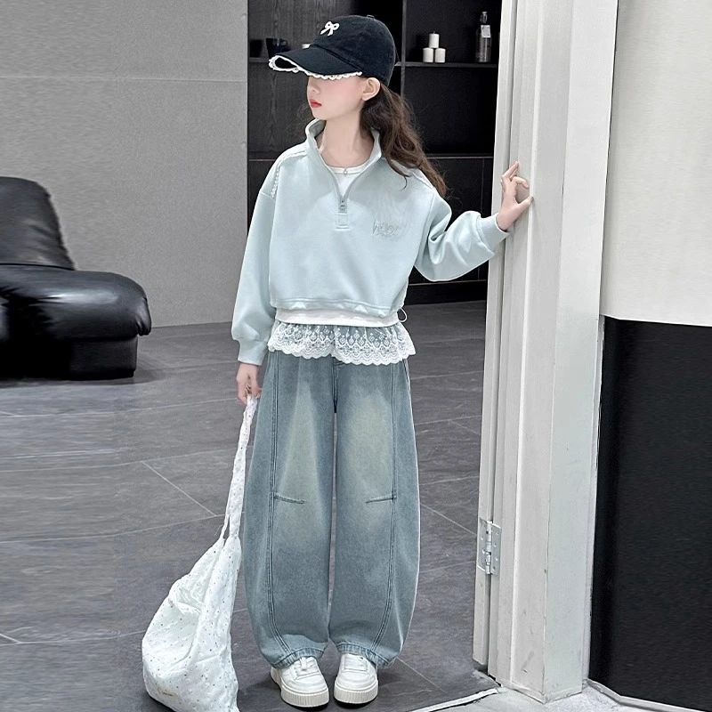 女大童春装休闲套装2025新款韩版洋气女孩春秋卫衣牛仔裤三件套潮