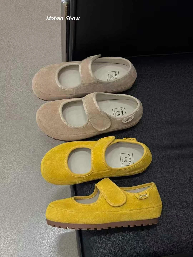 真皮磨砂勃肯鞋女2025春季新款复古百搭休闲鞋魔术贴软底豆豆鞋潮