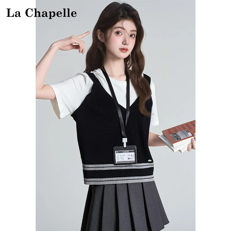 拉夏贝尔拼接短袖针织T恤女2025春夏圆领宽松百搭短款假两件上衣