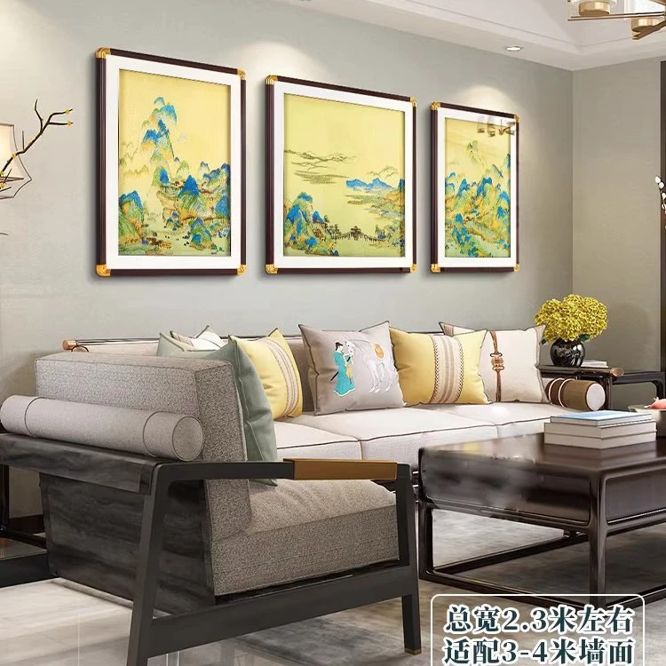 新中式山水刺绣装饰画客厅沙发背景墙现代简约三联画苏绣传承经典