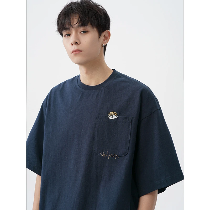 日系复古刺绣设计纯棉短袖T恤男春夏新款宽松休闲情侣潮牌体恤衫