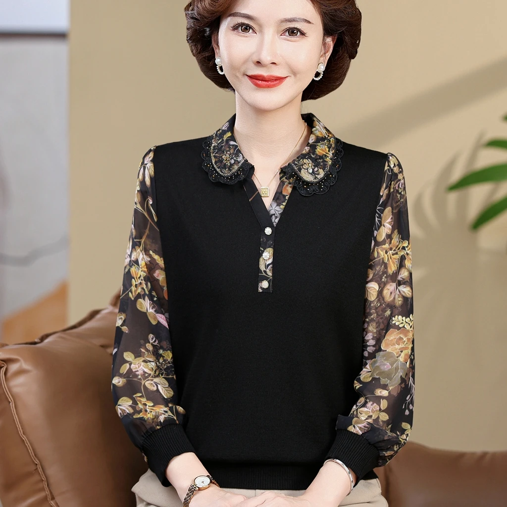 妈妈装秋装小衫纱袖薄款2025新款洋气T恤中老年女长袖针织衫上衣