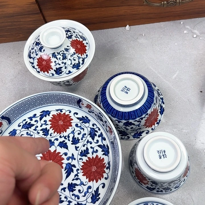 瓷片釉里红缠枝莲5件套景德镇