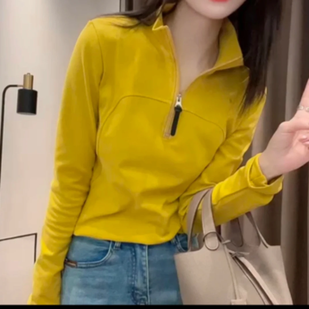 拉链拼接修身显瘦纯色时尚洋气半高领拉链上衣女潮