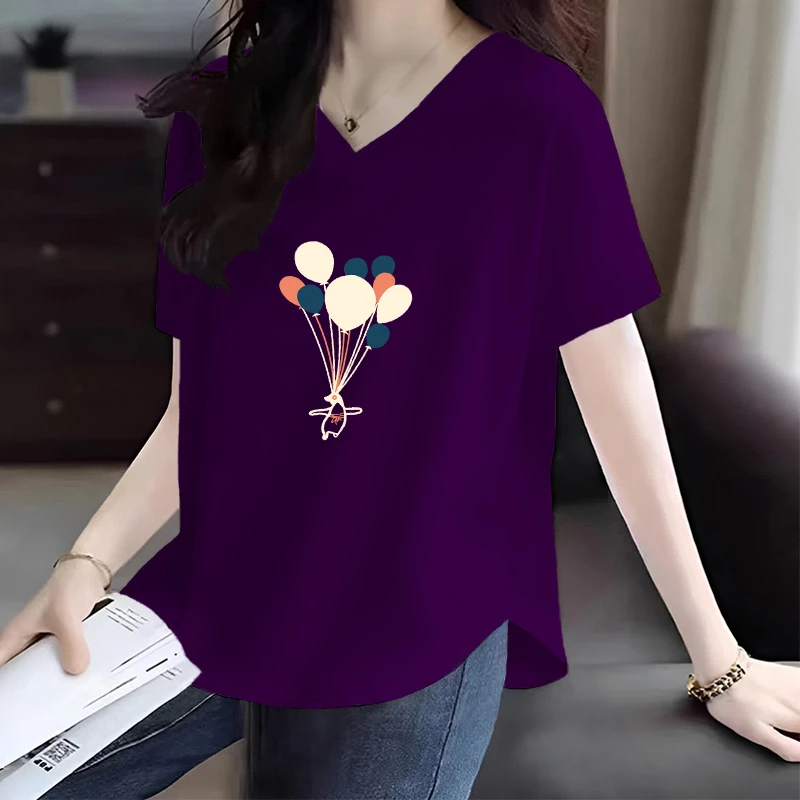 夏季新款圆弧下摆大码宽松显瘦百搭休闲时尚100%纯棉V领T恤女潮T