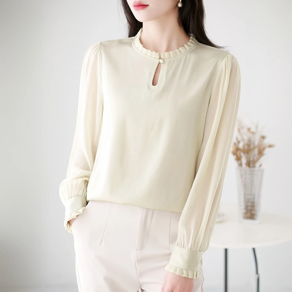 重磅真丝衬衫女2024新款春季大码气质荷叶边桑蚕丝上衣水滴领衬衣