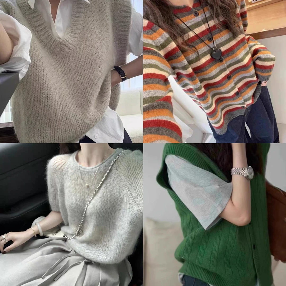 【1-100】女装秋冬套头网红气质宽松圆领慵懒风针织衫