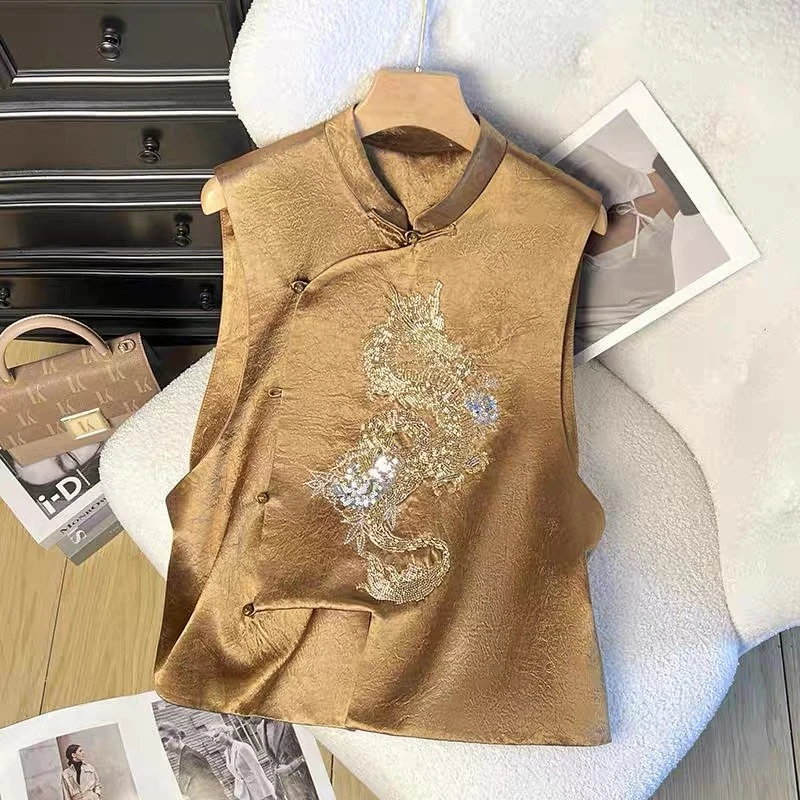 中国风龙腾马甲捡漏中式复古绿色背心秋立领梅花刺绣g