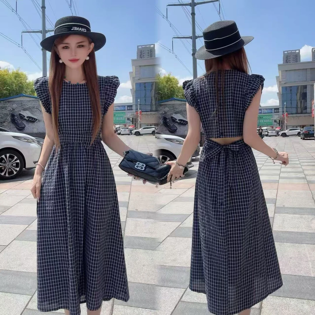 上新3016 时尚百搭后背镂空蝴蝶结菲菲袖长款连衣裙