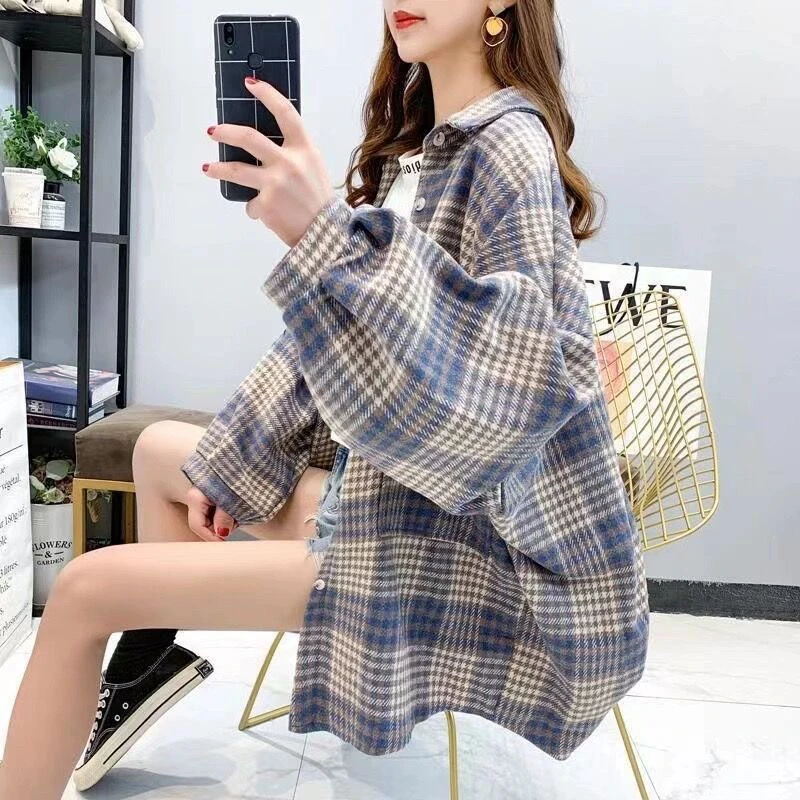 2025春季新款磨毛格子衬衫外套女复古宽松韩版上衣