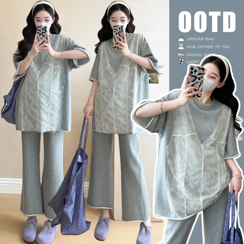 孕妇装夏装2025新款宽松时尚蕾丝上衣百搭猪鼻扣阔腿百搭孕妇套装