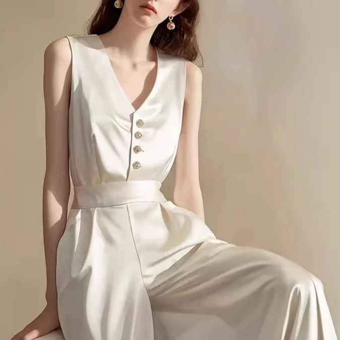 白色一件式无袖缎面连体阔腿裤女夏季新款高端精致法式职业通勤风