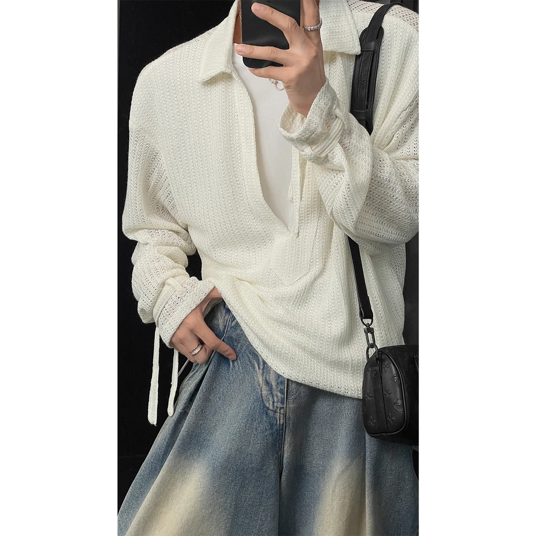 龙叨叨新品小众设计感假两件镂空长袖针织衫宽松百搭休闲上衣男