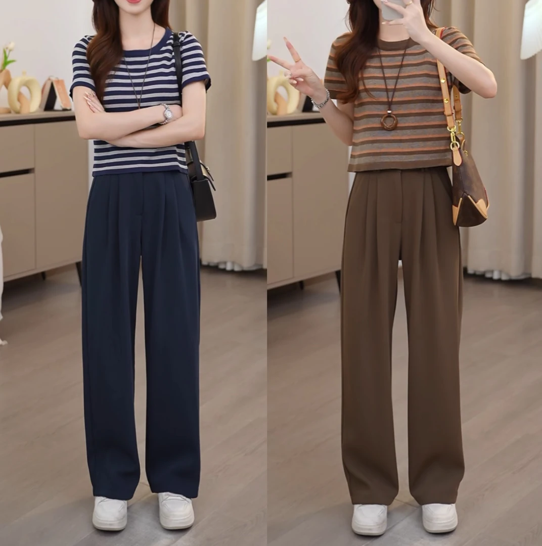 早秋小个子高腰裤子女洋气宽松显瘦垂感直筒休闲半松紧腰阔腿裤
